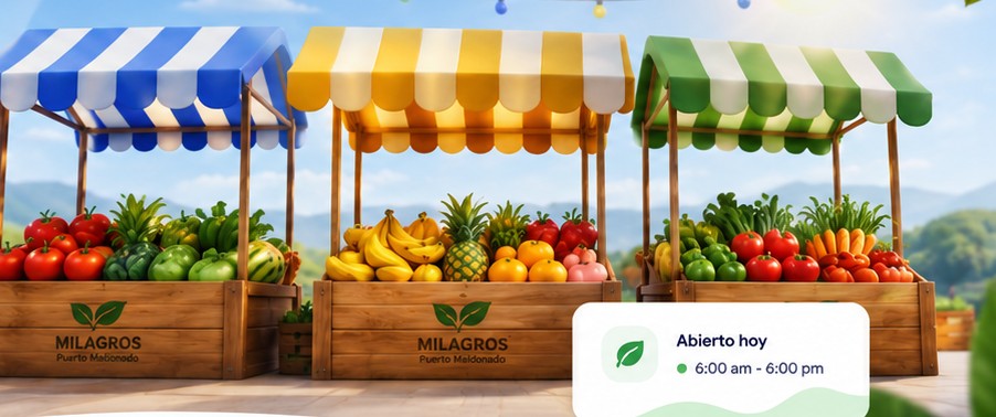 Puestos de la Feria Mayorista Internacional Milagros con frutas, verduras y productos frescos